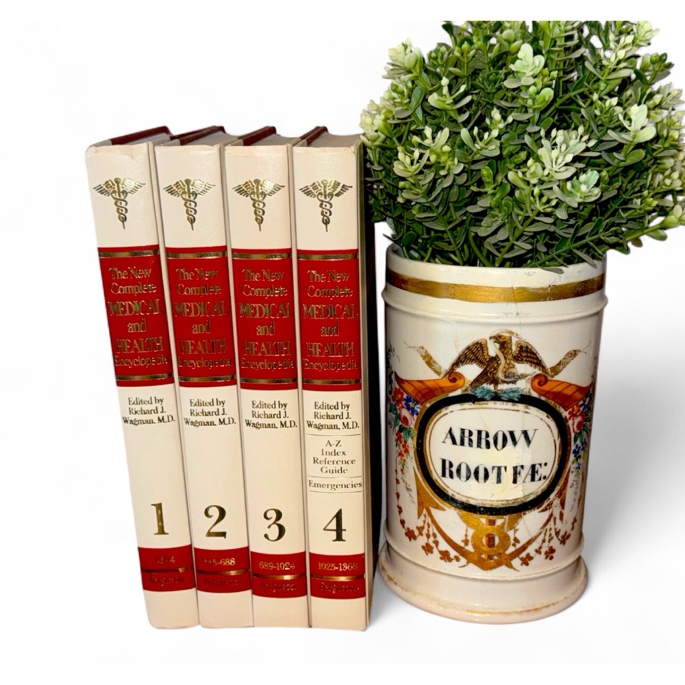 Vintage Decorative Hardback Book Stack Medical Health Encyclopedia Set Caduceus